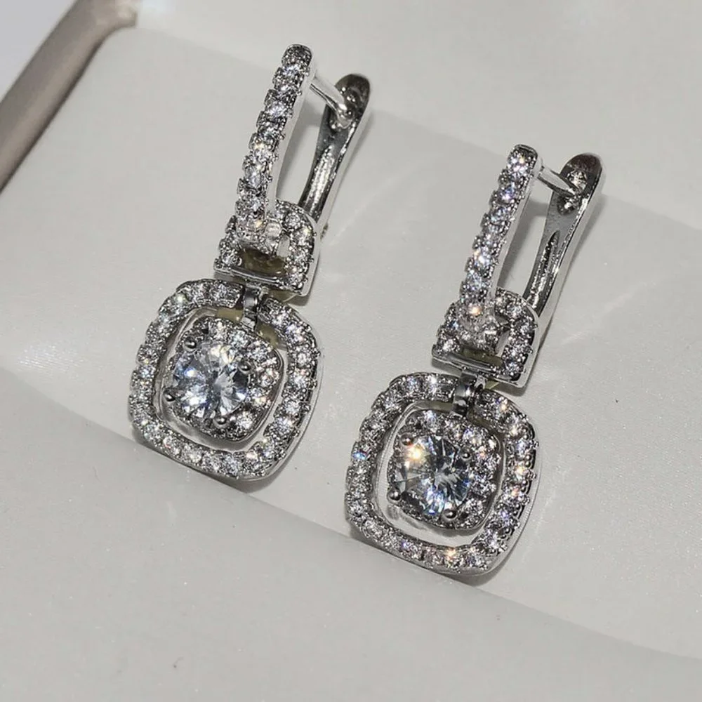 NEW Silver Round Diamond Halo Drop Huggie Hoops Earrings